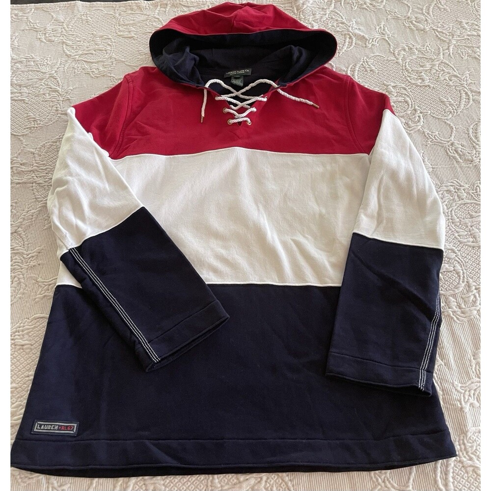 Vtg Lauren Jeans Co Lauren RL 67 Hoodie Colorblock Red White Navy Lace Up Medium